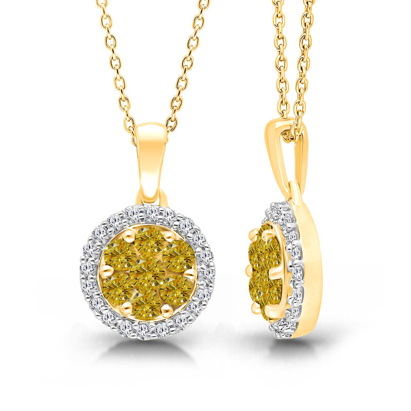 White and Yellow Diamond 1/2ctw. Cluster Halo Pendant in 14k Yellow Gold image number null